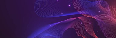 Yapay zeka teknolojisi, dijital, iletişim, bilim, müzik kavramı için koyu mavi arka planda izole edilmiş, dinamik mavi pembe vektör dalga çizgileri.