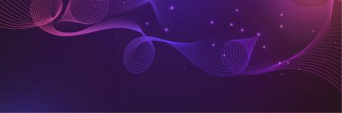 Yapay zeka teknolojisi, dijital, iletişim, bilim, müzik kavramı için koyu mavi arka planda izole edilmiş, dinamik mavi pembe vektör dalga çizgileri.