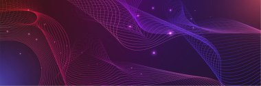 Yapay zeka teknolojisi, dijital, iletişim, bilim, müzik kavramı için koyu mavi arka planda izole edilmiş, dinamik mavi pembe vektör dalga çizgileri.