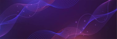 Yapay zeka teknolojisi, dijital, iletişim, bilim, müzik kavramı için koyu mavi arka planda izole edilmiş, dinamik mavi pembe vektör dalga çizgileri.