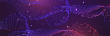 Yapay zeka teknolojisi, dijital, iletişim, bilim, müzik kavramı için koyu mavi arka planda izole edilmiş, dinamik mavi pembe vektör dalga çizgileri.