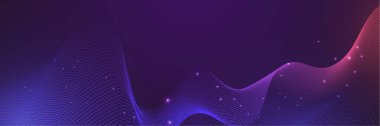Yapay zeka teknolojisi, dijital, iletişim, bilim, müzik kavramı için koyu mavi arka planda izole edilmiş, dinamik mavi pembe vektör dalga çizgileri.