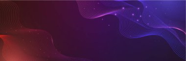 Yapay zeka teknolojisi, dijital, iletişim, bilim, müzik kavramı için koyu mavi arka planda izole edilmiş, dinamik mavi pembe vektör dalga çizgileri.