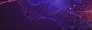 Yapay zeka teknolojisi, dijital, iletişim, bilim, müzik kavramı için koyu mavi arka planda izole edilmiş, dinamik mavi pembe vektör dalga çizgileri.