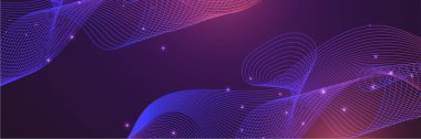 Yapay zeka teknolojisi, dijital, iletişim, bilim, müzik kavramı için koyu mavi arka planda izole edilmiş, dinamik mavi pembe vektör dalga çizgileri.