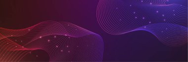 Yapay zeka teknolojisi, dijital, iletişim, bilim, müzik kavramı için koyu mavi arka planda izole edilmiş, dinamik mavi pembe vektör dalga çizgileri.