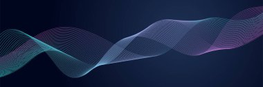 Parlayan dalgalı koyu soyut bir arka plan. Parlak hareketli çizgiler tasarım elemanı. Modern mor eğimli dalga çizgileri. Gelecekçi teknoloji konsepti. Vektör illüstrasyonu