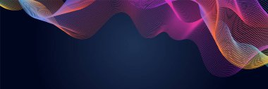 Parlayan dalgalı koyu soyut bir arka plan. Parlak hareketli çizgiler tasarım elemanı. Modern mor eğimli dalga çizgileri. Gelecekçi teknoloji konsepti. Vektör illüstrasyonu