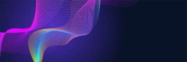 Parlayan dalgalı koyu soyut bir arka plan. Parlak hareketli çizgiler tasarım elemanı. Modern mor eğimli dalga çizgileri. Gelecekçi teknoloji konsepti. Vektör illüstrasyonu