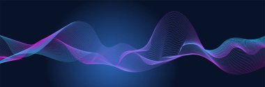 Parlayan dalgalı koyu soyut bir arka plan. Parlak hareketli çizgiler tasarım elemanı. Modern mor eğimli dalga çizgileri. Gelecekçi teknoloji konsepti. Vektör illüstrasyonu