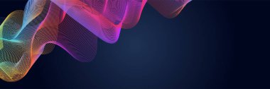 Parlayan dalgalı koyu soyut bir arka plan. Parlak hareketli çizgiler tasarım elemanı. Modern mor eğimli dalga çizgileri. Gelecekçi teknoloji konsepti. Vektör illüstrasyonu
