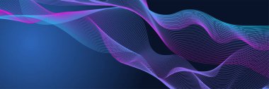 Parlayan dalgalı koyu soyut bir arka plan. Parlak hareketli çizgiler tasarım elemanı. Modern mor eğimli dalga çizgileri. Gelecekçi teknoloji konsepti. Vektör illüstrasyonu