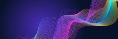 Parlayan dalgalı koyu soyut bir arka plan. Parlak hareketli çizgiler tasarım elemanı. Modern mor eğimli dalga çizgileri. Gelecekçi teknoloji konsepti. Vektör illüstrasyonu