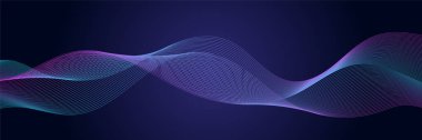 Parlayan dalgalı koyu soyut bir arka plan. Parlak hareketli çizgiler tasarım elemanı. Modern mor eğimli dalga çizgileri. Gelecekçi teknoloji konsepti. Vektör illüstrasyonu