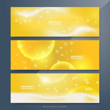 Kar tanesi bokeh süslemeli sarı beyaz Noel afişi. Kar taneli kış pankartı. Yatay yeni yıl geçmişi, başlıklar, posterler, kartlar, web sitesi. Vektör illüstrasyonu