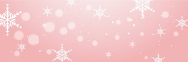Kar tanesi bokeh süslemeli pembe ve beyaz noel afişi. Kar taneli kış pankartı. Yatay yeni yıl geçmişi, başlıklar, posterler, kartlar, web sitesi. Vektör illüstrasyonu