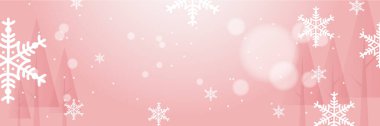 Kar tanesi bokeh süslemeli pembe ve beyaz noel afişi. Kar taneli kış pankartı. Yatay yeni yıl geçmişi, başlıklar, posterler, kartlar, web sitesi. Vektör illüstrasyonu