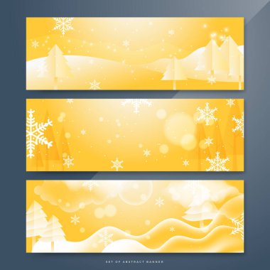 Turuncu ve beyaz noel afişi ve kar tanesi bokeh süslemesi. Kar taneli kış pankartı. Yatay yeni yıl geçmişi, başlıklar, posterler, kartlar, web sitesi. Vektör illüstrasyonu