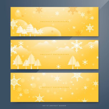 Turuncu ve beyaz noel afişi ve kar tanesi bokeh süslemesi. Kar taneli kış pankartı. Yatay yeni yıl geçmişi, başlıklar, posterler, kartlar, web sitesi. Vektör illüstrasyonu