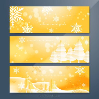 Turuncu ve beyaz noel afişi ve kar tanesi bokeh süslemesi. Kar taneli kış pankartı. Yatay yeni yıl geçmişi, başlıklar, posterler, kartlar, web sitesi. Vektör illüstrasyonu