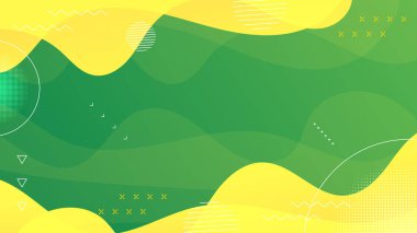 Memphis tarzı ve eğri dalgalı soyut yeşil ve sarı geometri arkaplanı