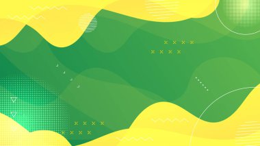 Memphis tarzı ve eğri dalgalı soyut yeşil ve sarı geometri arkaplanı
