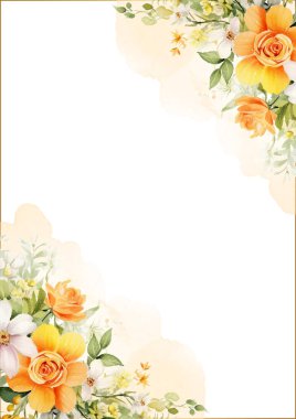 Bitki örtüsü ve çiçek desenli turuncu ve beyaz vektör çerçevesi