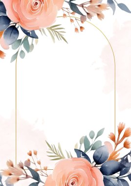 Şeftali ve mavi modern arkaplan çiçekli suluboya daveti