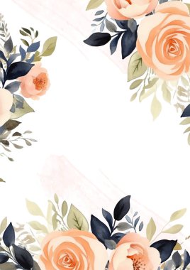 Şeftali ve mavi çiçekli suluboya arkaplan