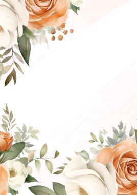 Beyaz ve şeftali rengi modern arka plan çiçekli suluboya davetiyesi