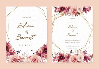 Çiçek çerçeveli kırmızı ve pembe gül çiçekli davetiye şablonu