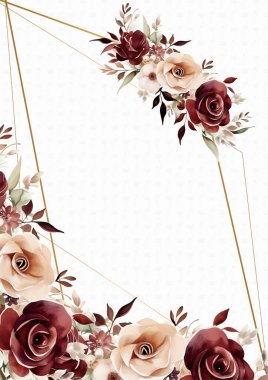 Çiçek ve bitki örtüsü olan kırmızı beyaz ve bej vektör çerçevesi