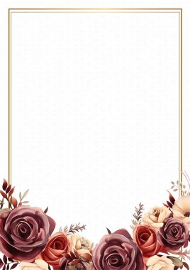 Kırmızı kahverengi ve bej renkli modern çelenk çiçek ve bitki örtülü davet çerçevesi