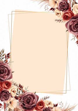 Kırmızı kahverengi ve bej renkli modern arka plan davetiye şablonu çiçekli ve çiçekli