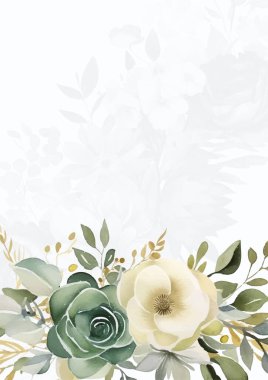 Çiçek ve bitki örtüsü olan beyaz ve yeşil vektör çerçevesi