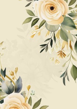 Sarı ve beyaz çelenk arka plan davetiye şablonu çiçek ve flora ile