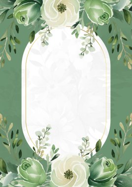 Çiçekli ve çiçekli Davetiye için yeşil ve beyaz suluboya arka plan şablonu