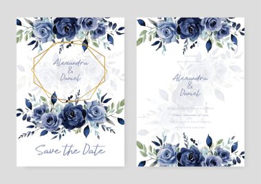 Mavi gül seti düğün davetiyesi şablonu şekilleri ve çiçekli kenar