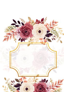 Kırmızı beyaz ve bej renkli modern çelenk çiçek ve bitki örtülü davet çerçevesi