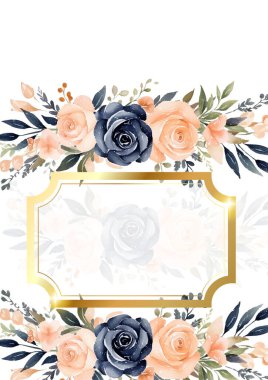 Mavi beyaz ve şeftali rengi arka plan davetiye şablonu çiçek ve flora ile