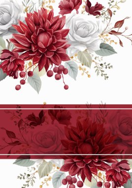 Kırmızı ve beyaz suluboya elle boyanmış arka plan şablonu Davetiye ve çiçek ile birlikte