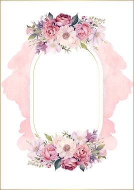 Çiçek ve bitki örtüsü ile yeşillik desenli pembe beyaz ve mor menekşe vektör çerçevesi