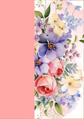 Mor menekşe beyaz ve kırmızı vektör. Çiçekli ve çiçekli gerçekçi altın renkli davetiye.