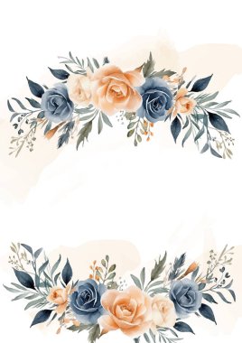 Bej beyaz ve mavi suluboya el boyası arkaplan şablonu Davetiye ve çiçek ile birlikte