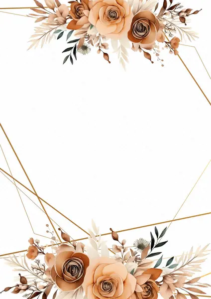 Kahverengi beyaz ve bej renkte kırsal ve sulu boya el, bitki örtüsü ve çiçekli davetiye için arka plan şablonu