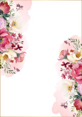 Çiçek ve bitki örtüsü ile yeşillik desenli pembe beyaz ve mor menekşe vektör çerçevesi