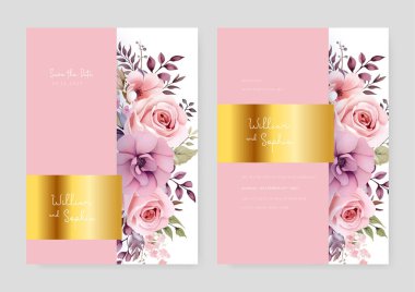 Pembe ve mor menekşe gül ve çiçek süslemeleri ile birlikte gelincik sanatsal düğün davetiyesi şablonu