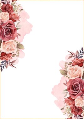 Bitki örtüsü ve çiçek desenli kırmızı beyaz ve pembe vektör çerçevesi