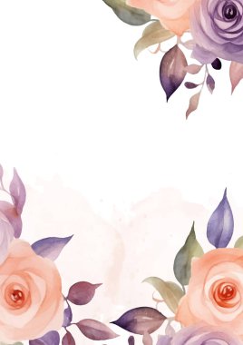 Şeftali beyazı ve mor menekşe vektör çerçevesi bitki örtüsü ve çiçekli yaprak desenli arka plan