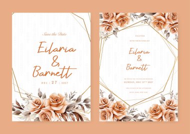 Bej rengi ve kahverengi rustik gül zarif düğün davetiyesi şablonu suluboya çiçekli ve yapraklı
